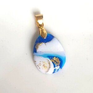Beautiful Boho Coastal Blue White Gold Agate Gemstone Resin Chunky Pendant
